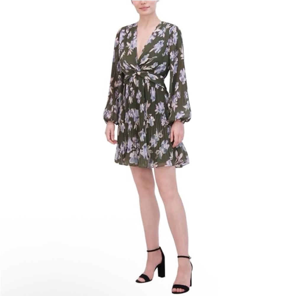 H10 BCBG New York Women's Long Puff Sleeve V Neck Twist Front Mini Dress‎